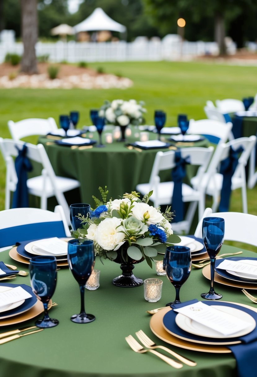 An outdoor wedding setting with army green decor and navy blue accents in the form of table settings, flowers, and other decorative elements