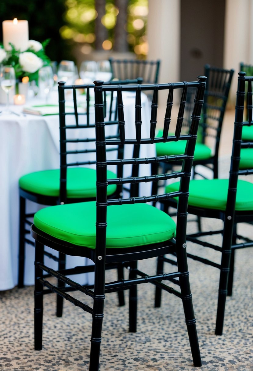 Black chiavari chairs with vibrant green cushions arranged in an elegant wedding setting