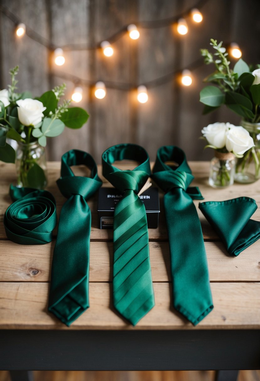 Groomsmen ties and pocket squares in army green, set against a backdrop of rustic wedding decor