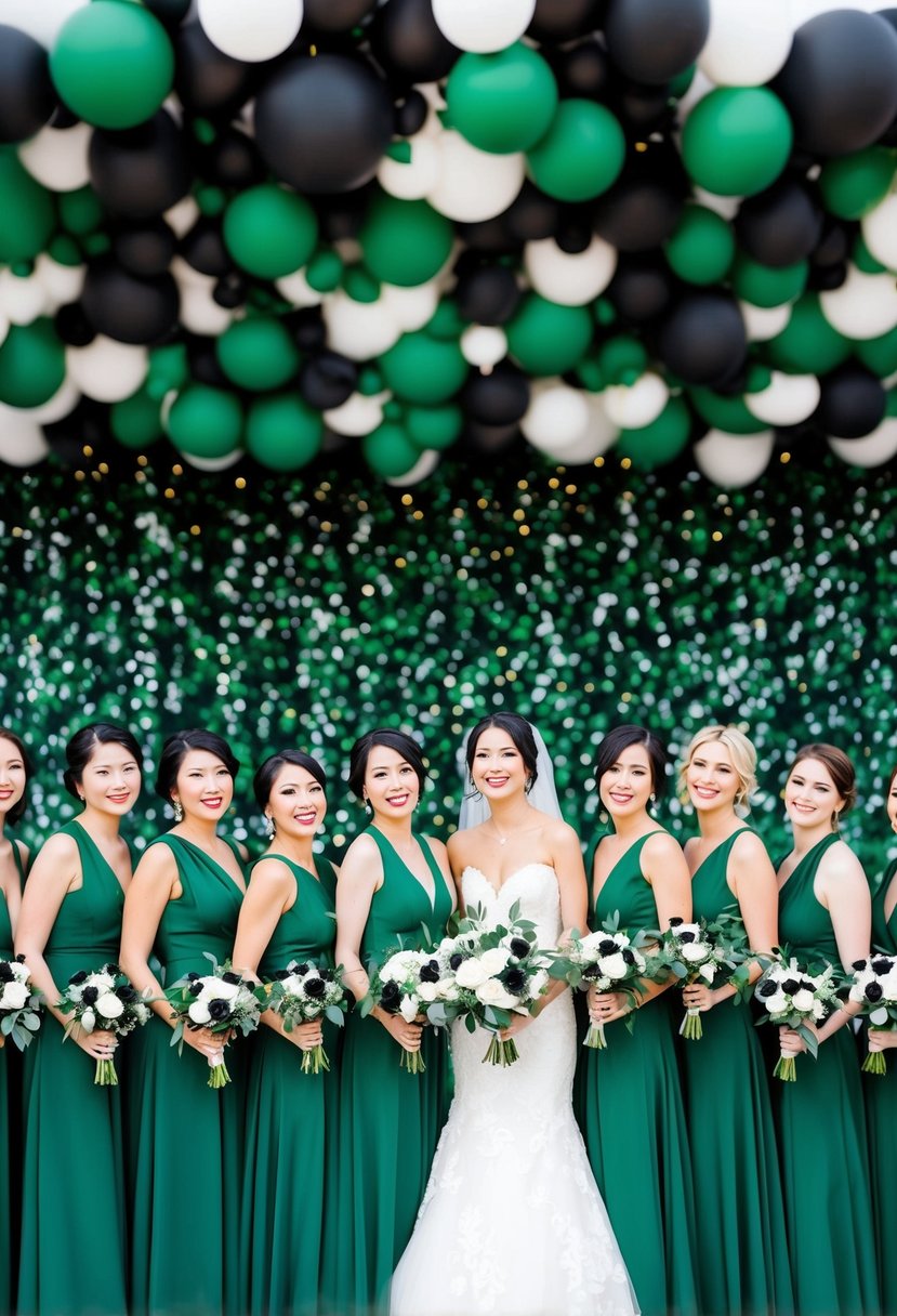 Green bridesmaid dresses with black bouquets against a backdrop of matching green and black wedding decor