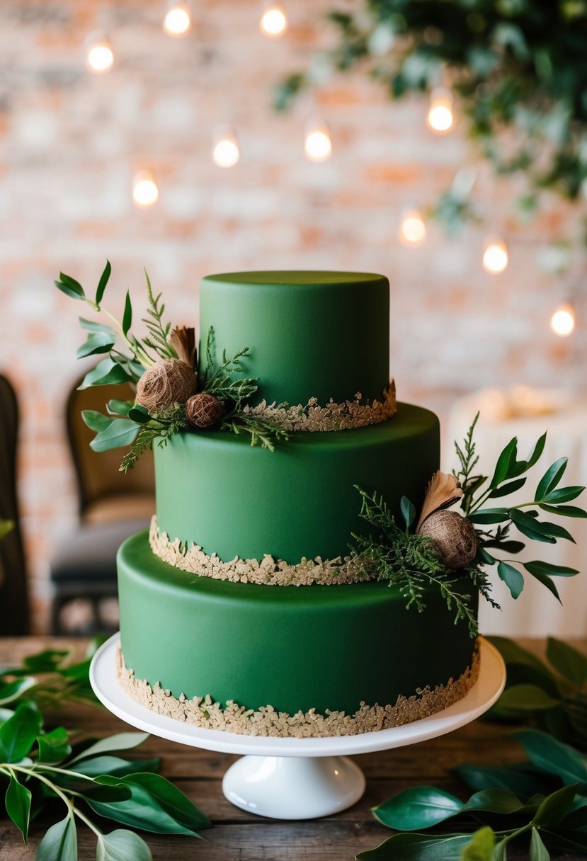 An army green wedding cake adorned with foliage and rustic accents