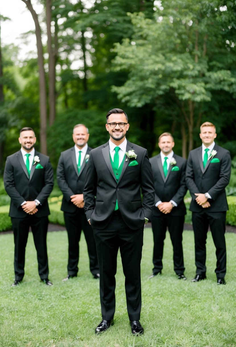 Black groomsmen suits with vibrant green pocket squares stand in front of a lush green and black wedding color palette