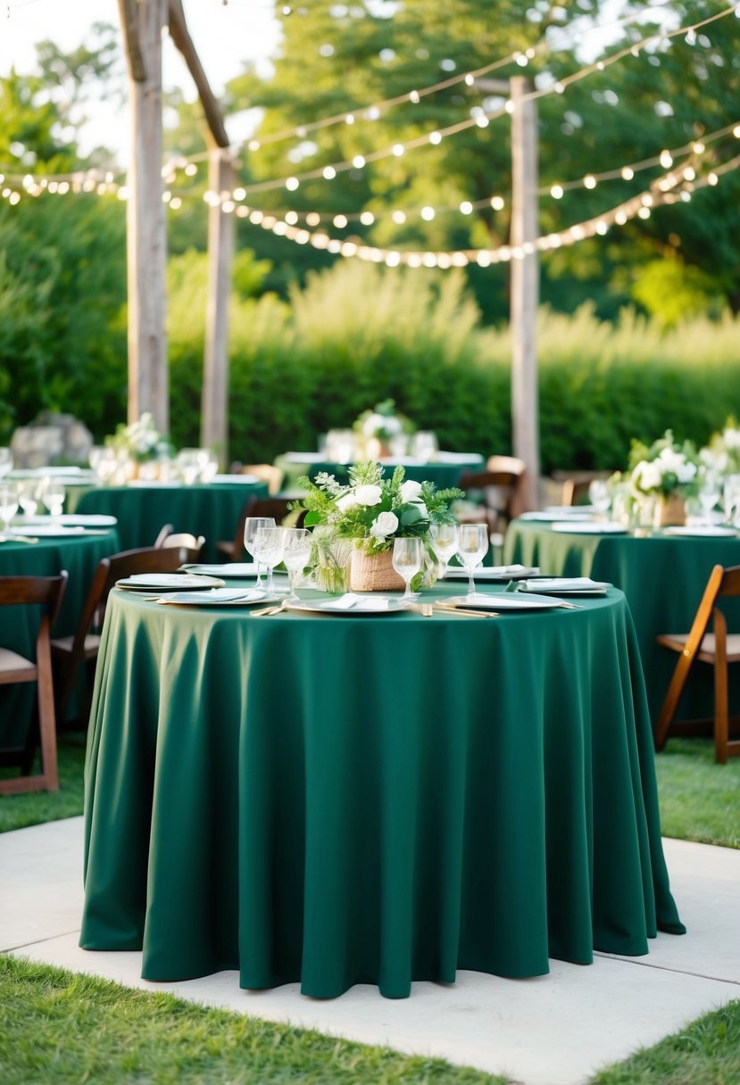 An outdoor wedding reception with army green tablecloths, surrounded by rustic wooden decor and natural greenery