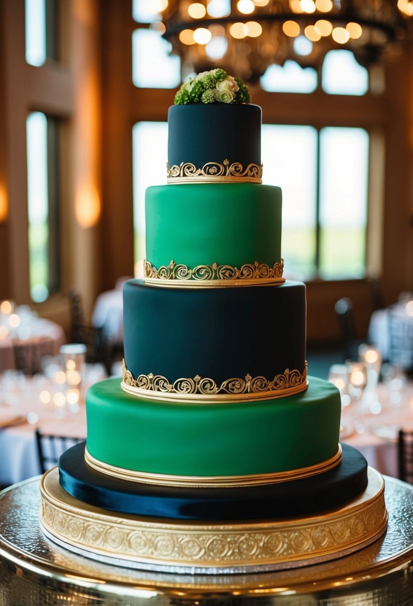 A three-tiered wedding cake in green and black with intricate gold details