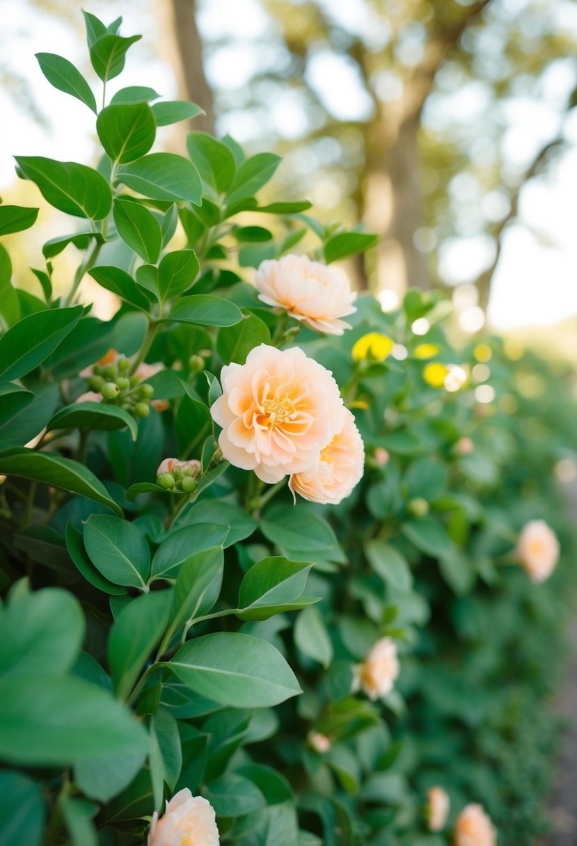 A serene outdoor wedding setting with army green foliage and peach flowers in soft sunlight