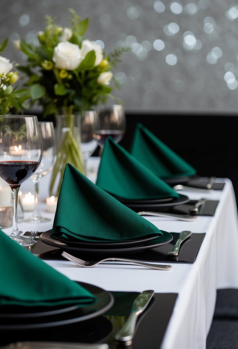 Dark green napkins neatly arranged with black place settings on a table