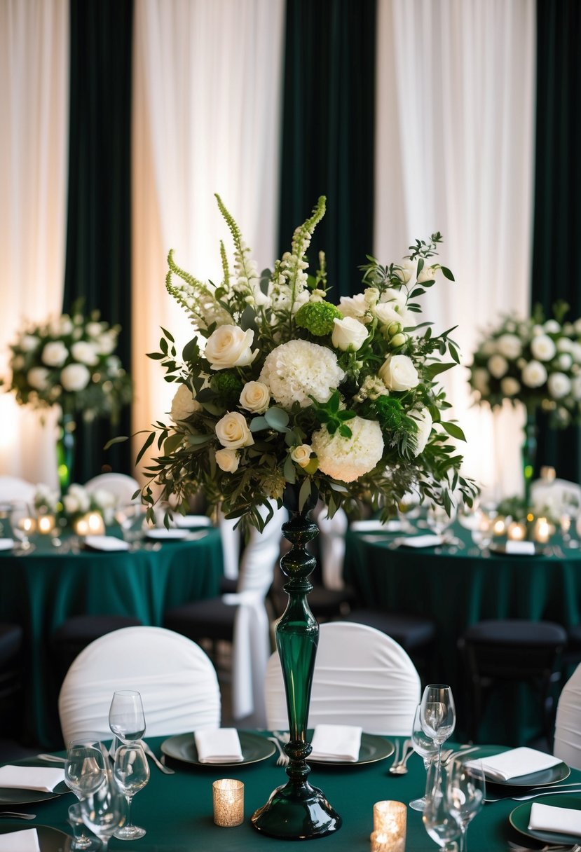 A dark green and white wedding theme with elegant floral centerpieces and flowing drapery