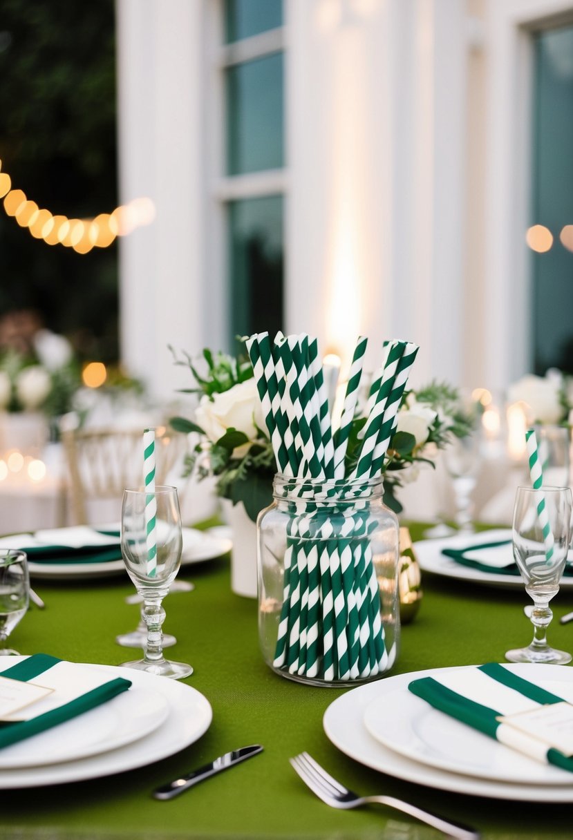 A table set with dark green and white striped straws, surrounded by coordinating decor for a wedding reception