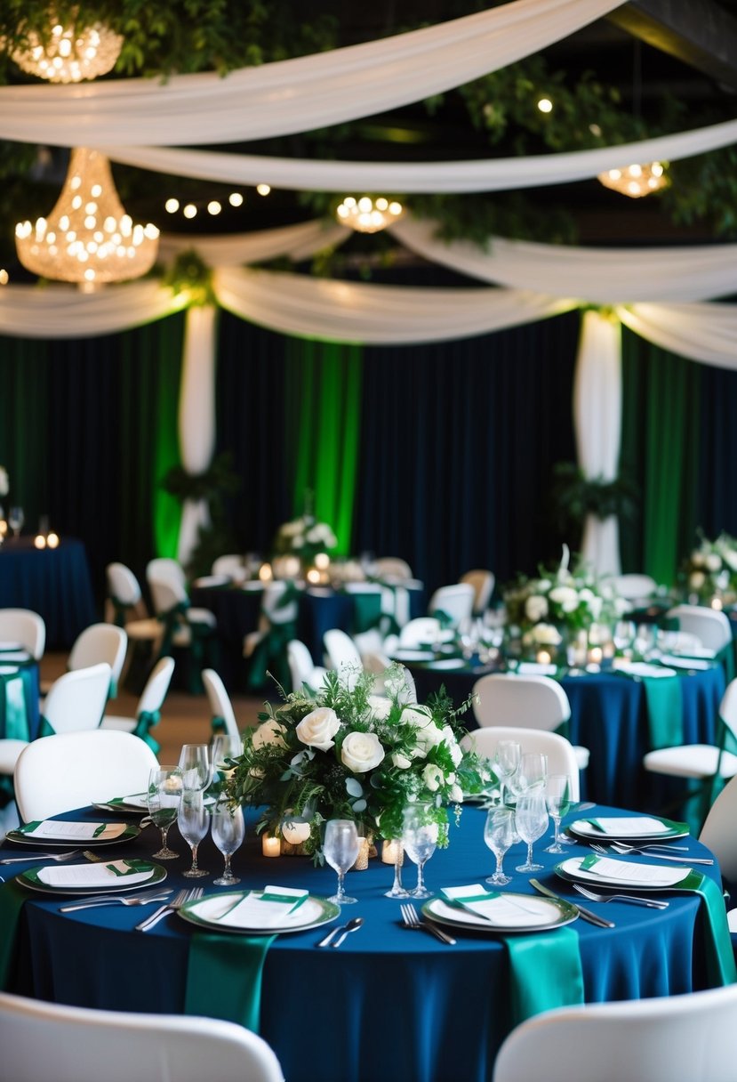 A dark green and navy blue themed wedding reception with white floral centerpieces and greenery accents