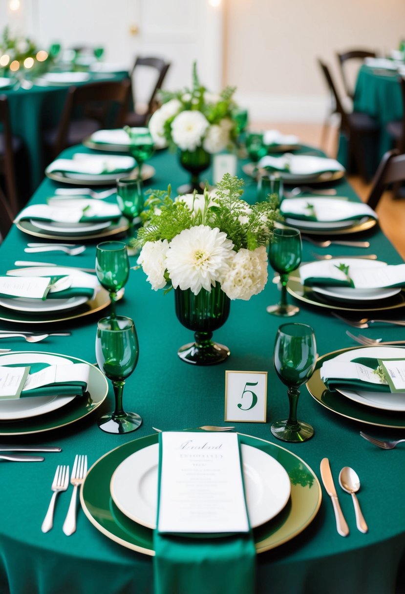 Emerald green and white place settings arranged on a dark green tablecloth, with white floral centerpieces and green accents