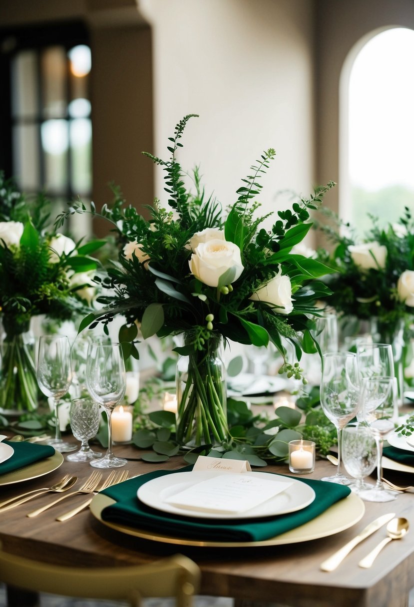 A table set with dark green and white centerpieces made of green stems and foliage, creating an elegant and natural atmosphere for a wedding