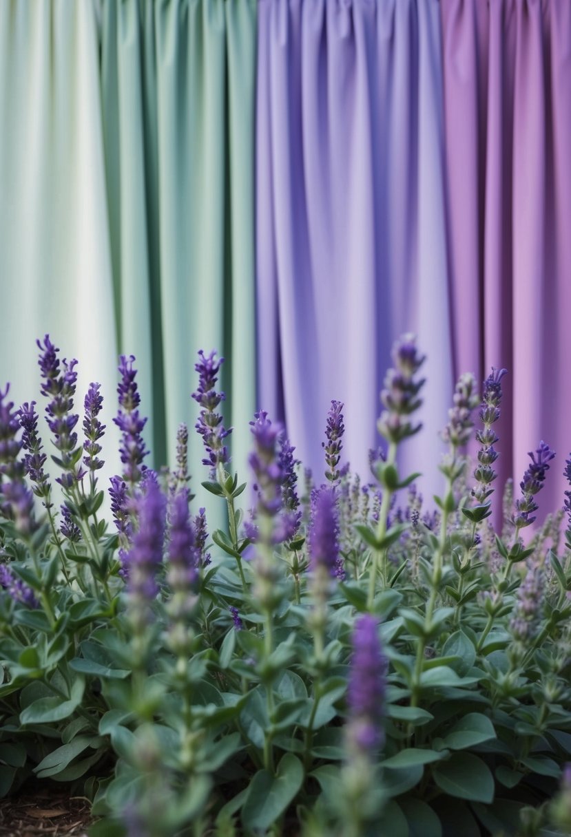 A serene garden with lavender and sage green flowers, set against a backdrop of soft, flowing fabrics in the same color scheme