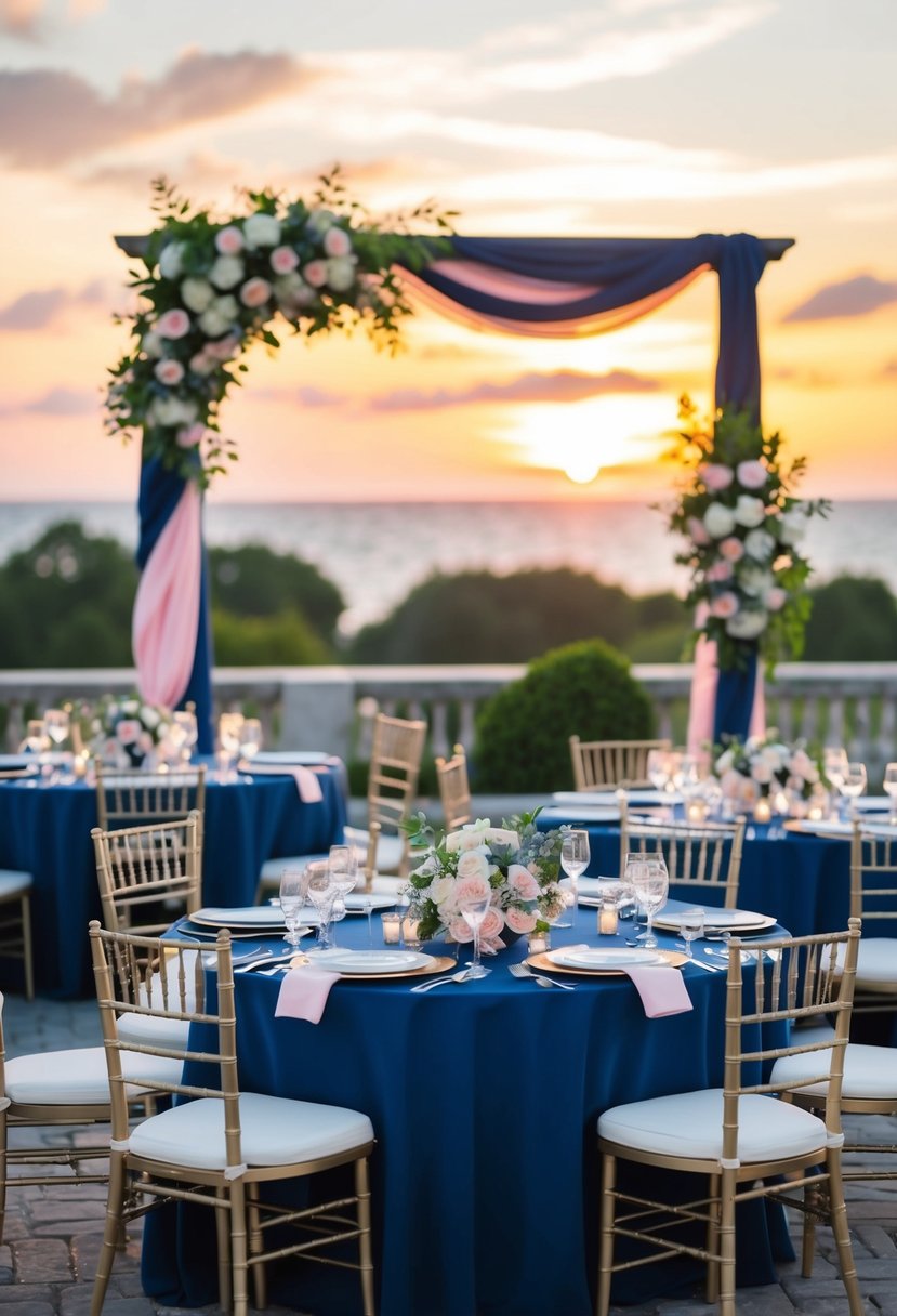 A navy blue and pink wedding color scheme featuring a floral arch, elegant table settings, and a romantic sunset backdrop