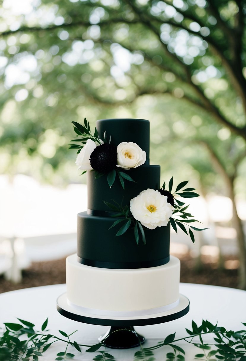 A black and white wedding cake adorned with dark green foliage and white flowers