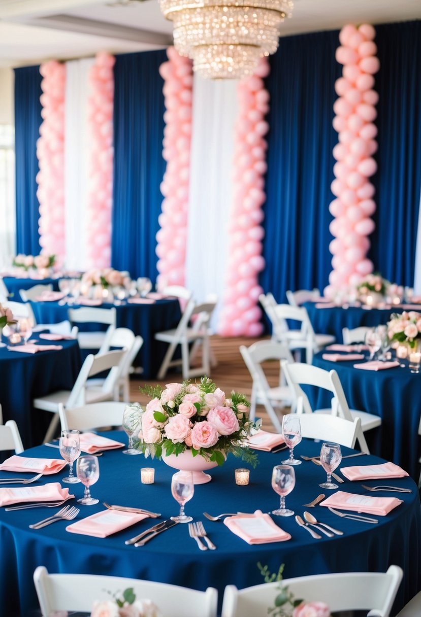 Navy tablecloths adorned with pink floral centerpieces set against a backdrop of navy blue and pink wedding decor