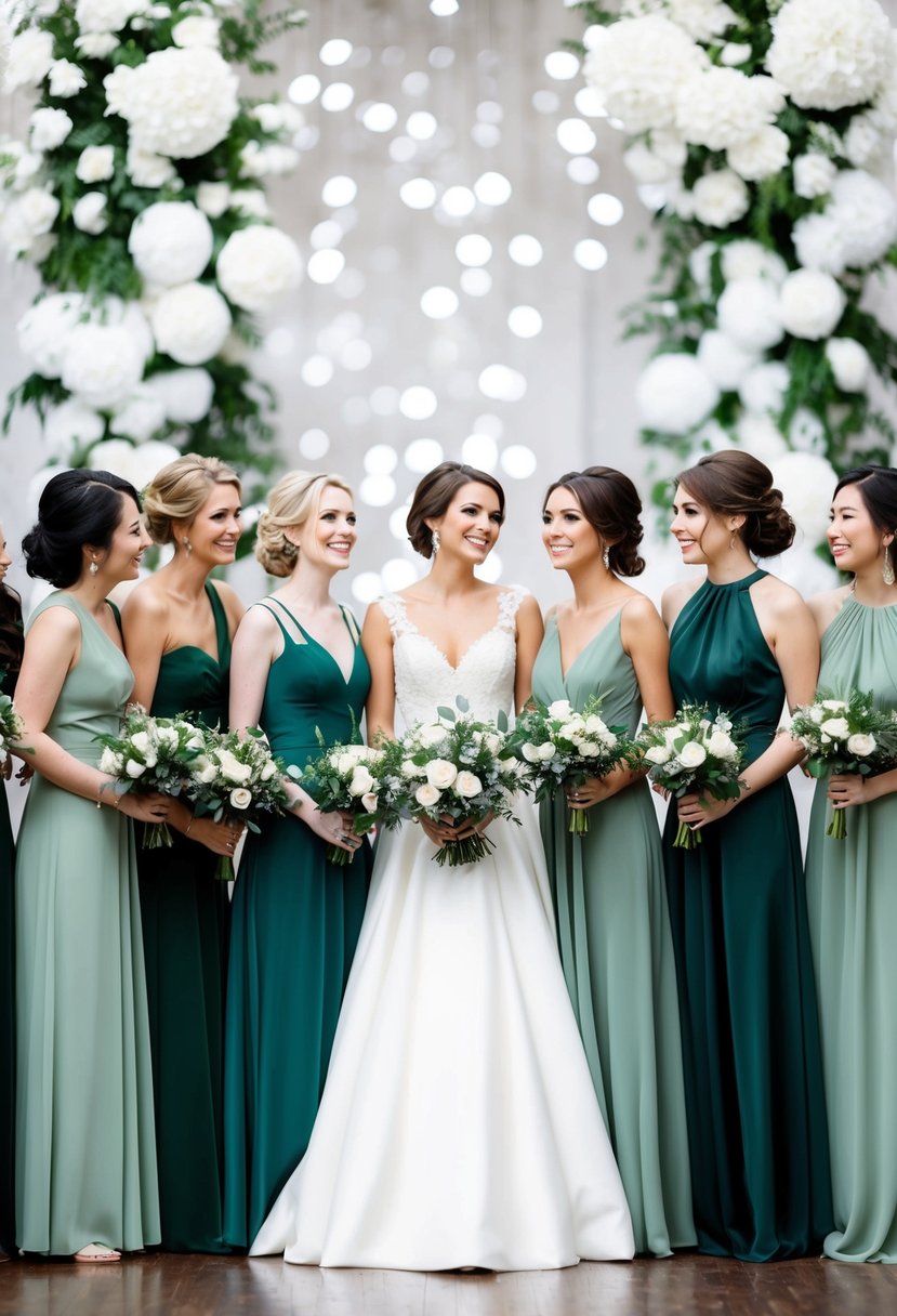 A group of bridesmaid dresses in sage and dark green, set against a backdrop of white wedding decorations