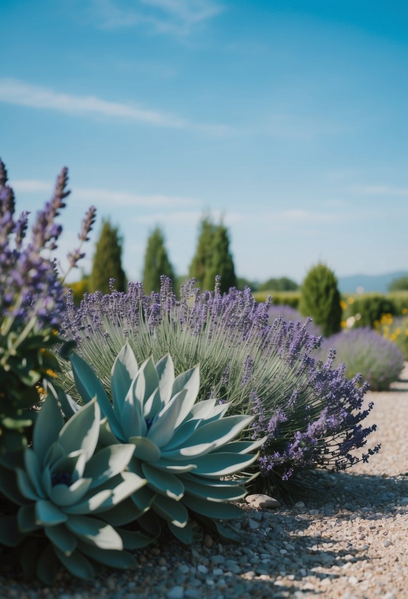 A serene garden with lavender bushes and sage plants, under a clear blue sky