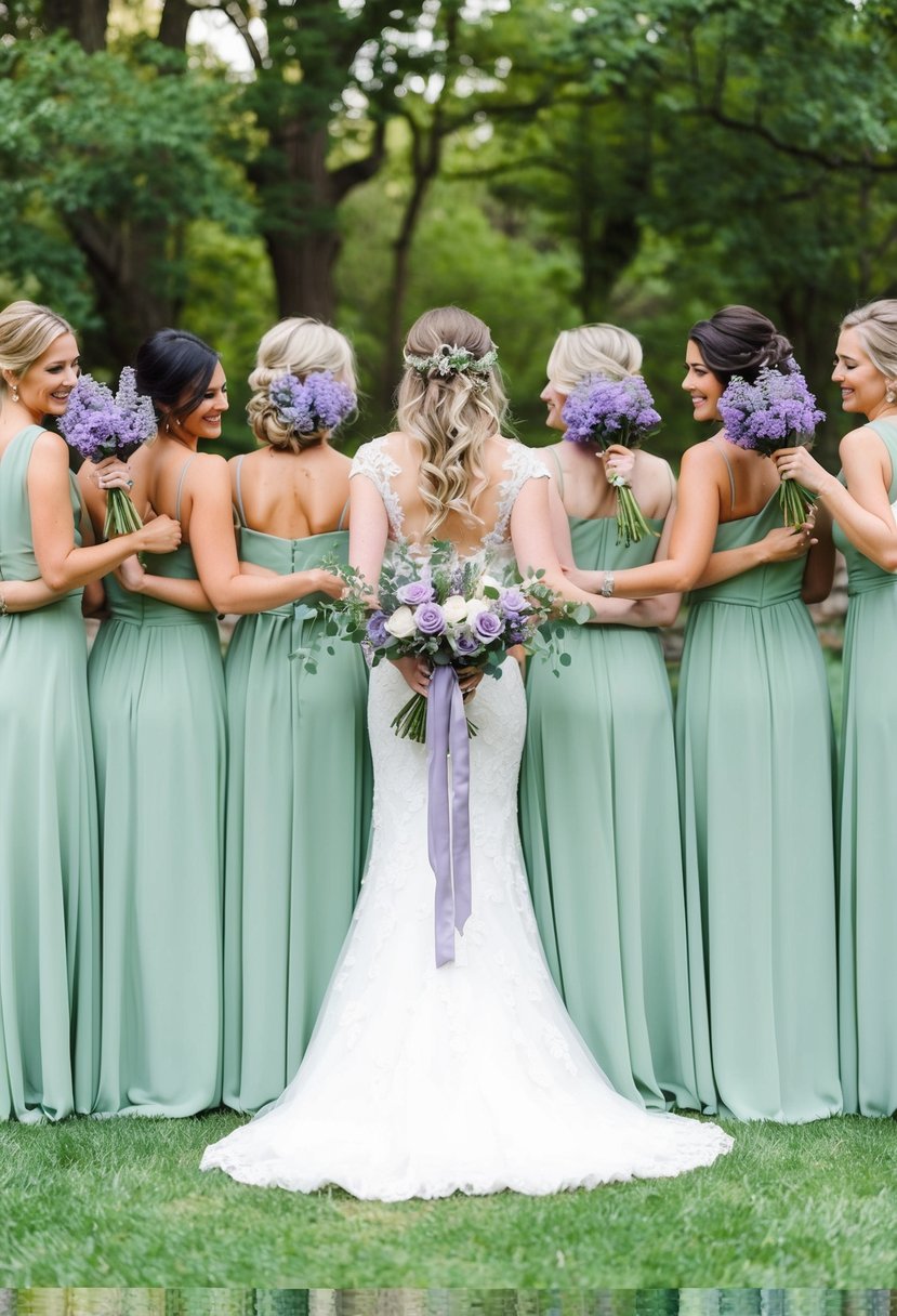 A group of sage green bridesmaid dresses arranged with lavender flowers and sage green decor for a wedding color palette