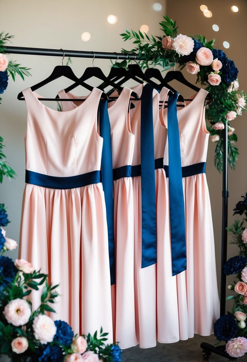 Blush pink dresses with navy sashes hang on a rack, surrounded by navy blue and pink floral arrangements