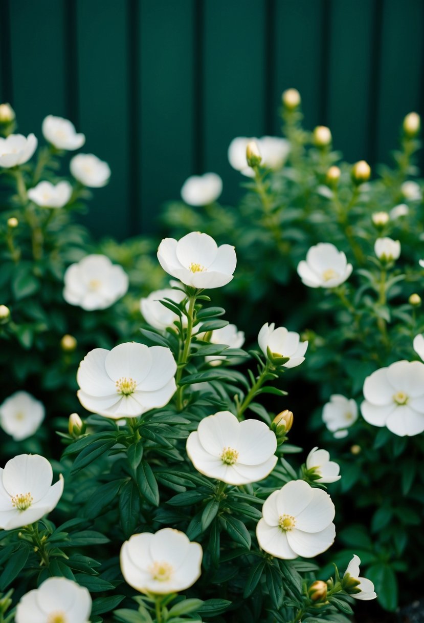 A lush green garden with white flowers and gold accents, set against a dark green backdrop