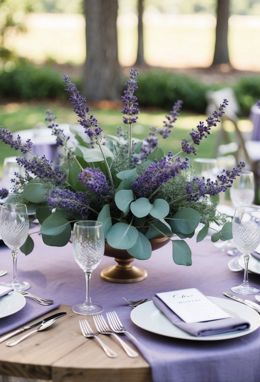 A table set with lavender centerpieces and eucalyptus, featuring a palette of lavender and sage green