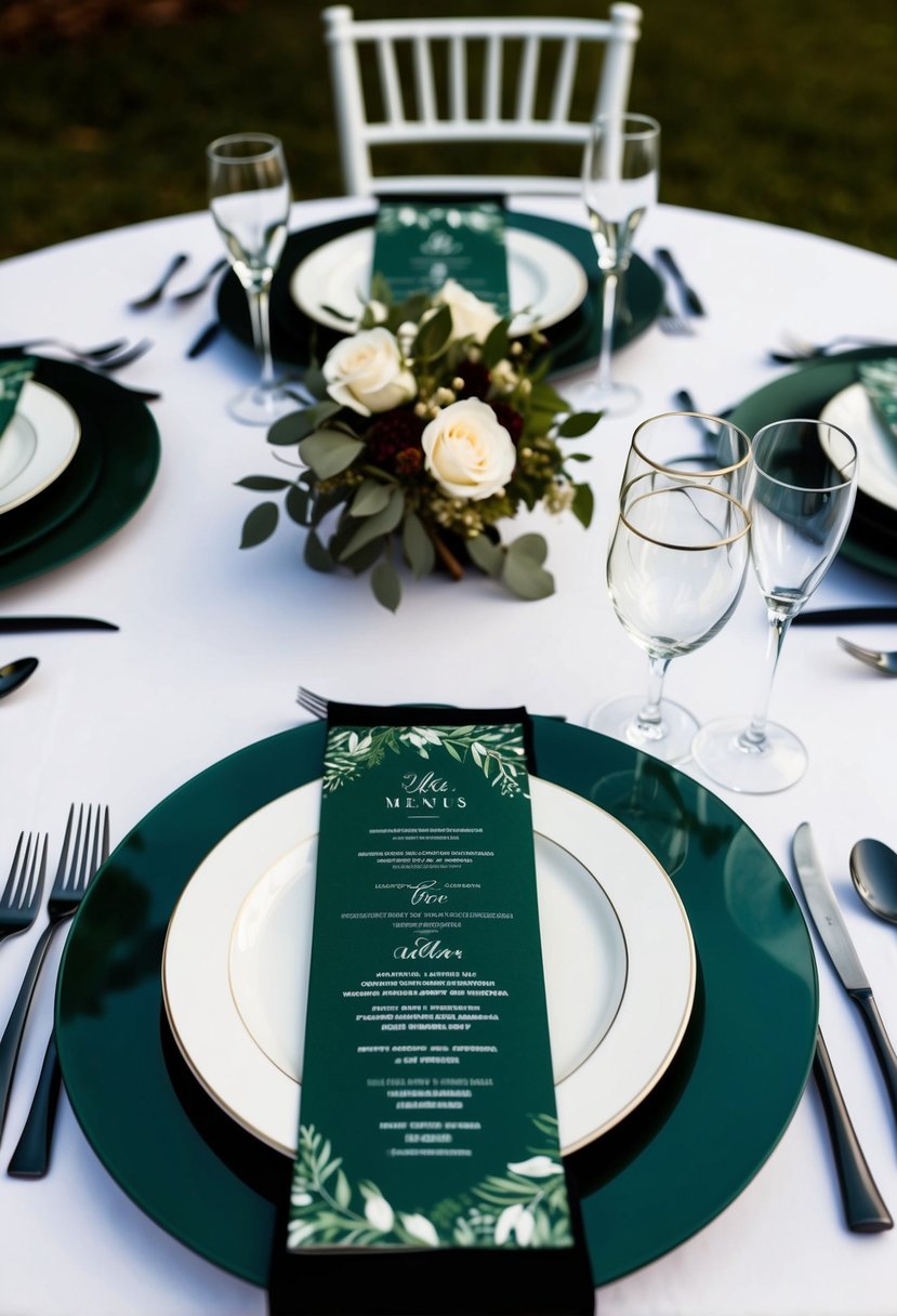 Dark green and white wedding tables set with dark green menus and elegant place settings