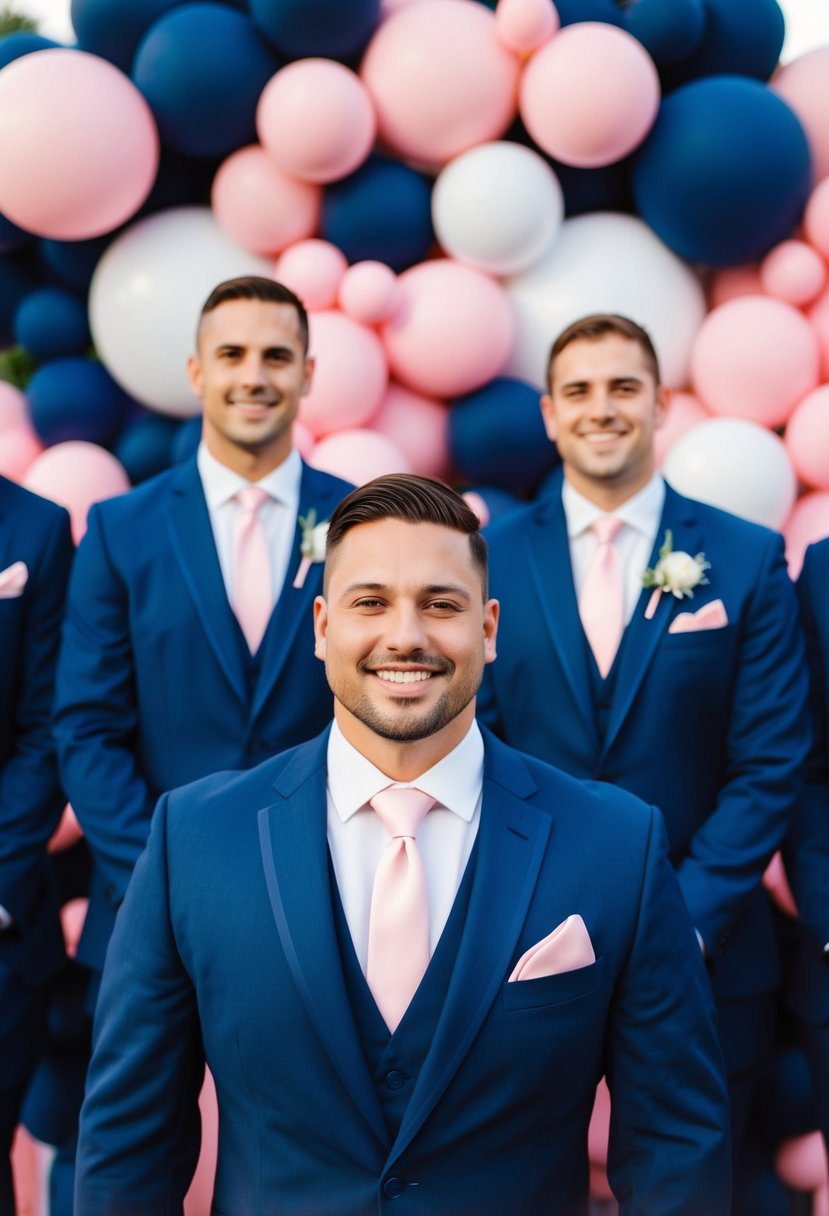 Navy blue suits with blush pink ties against a backdrop of navy blue and pink wedding decor