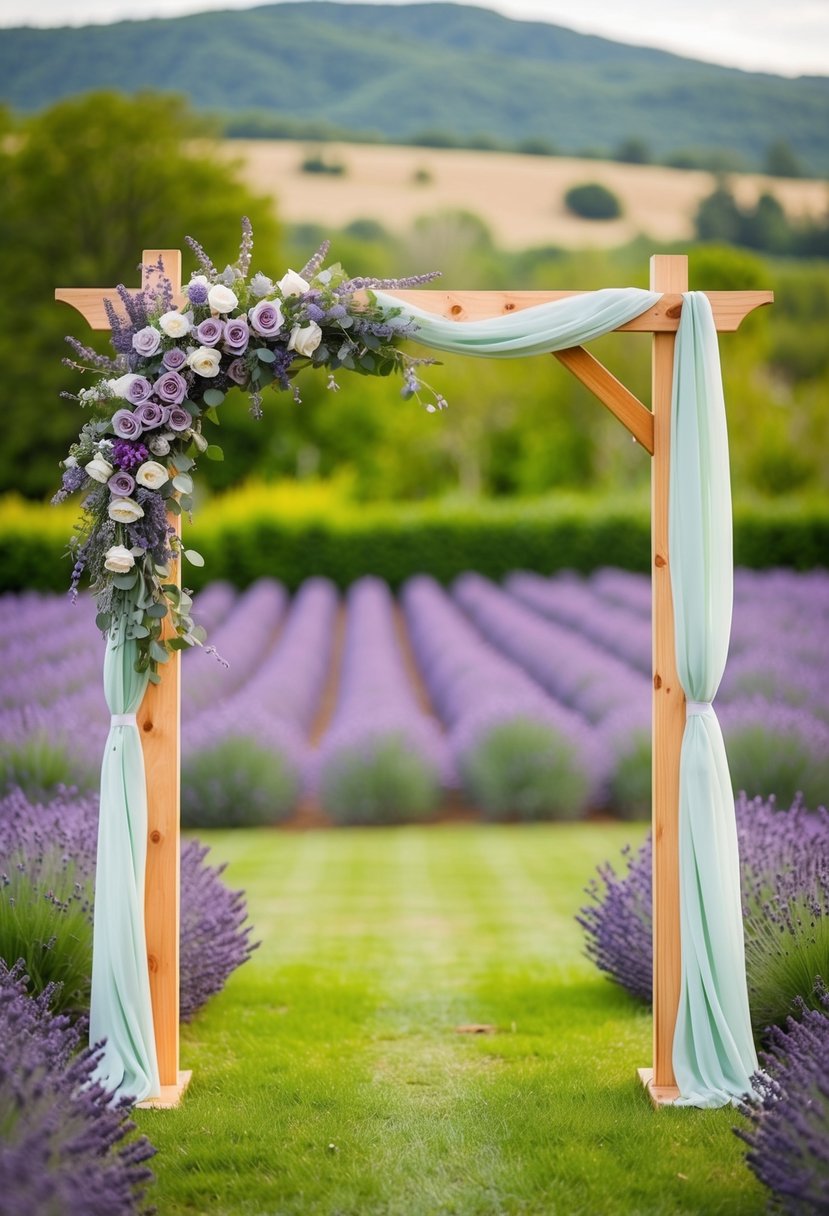 A wooden wedding arch adorned with lavender and sage green decor, set against a backdrop of lush greenery and blooming lavender fields