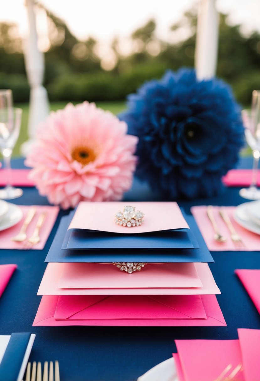 A stack of romantic pink and navy invitations with coordinating navy blue and pink wedding decor