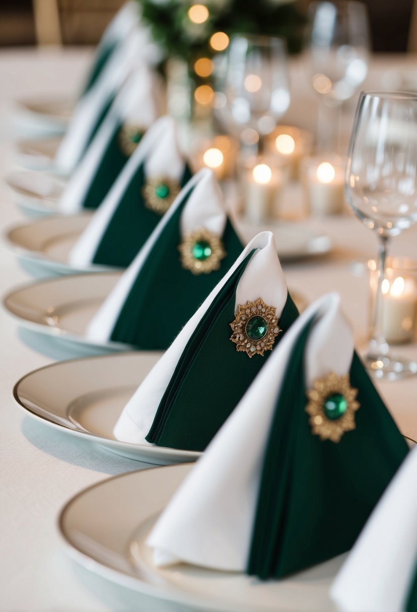 White napkins with dark green embellishments arranged on a table