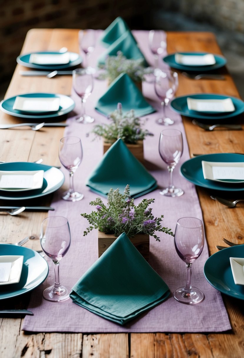 Lavender table runners with sage napkins draped across a rustic wooden table