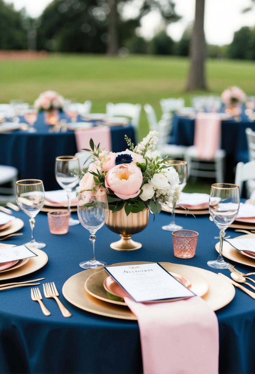 A navy and pink wedding table setting with gold accents