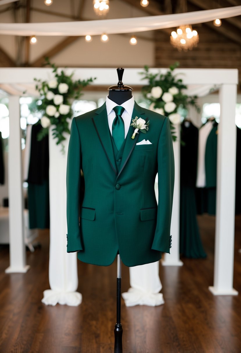 A dark green groom's suit displayed with white wedding decor