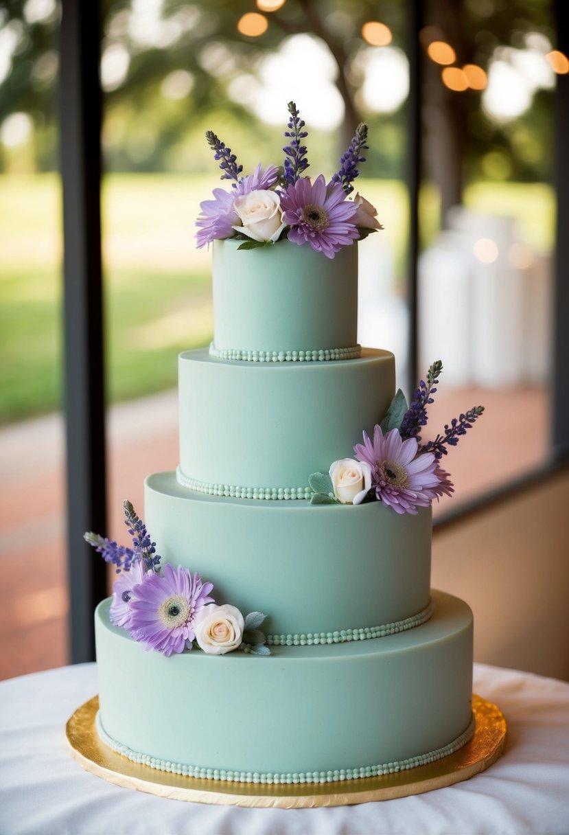 A three-tiered sage green wedding cake adorned with lavender flowers