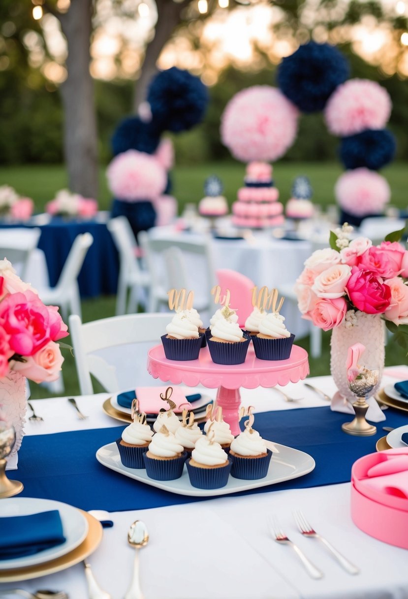 A dessert table adorned with navy and pink decor for a wedding celebration