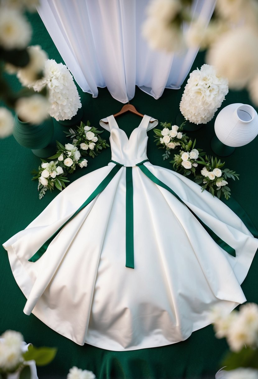 A white bridal gown with dark green accents, surrounded by white and dark green wedding decor