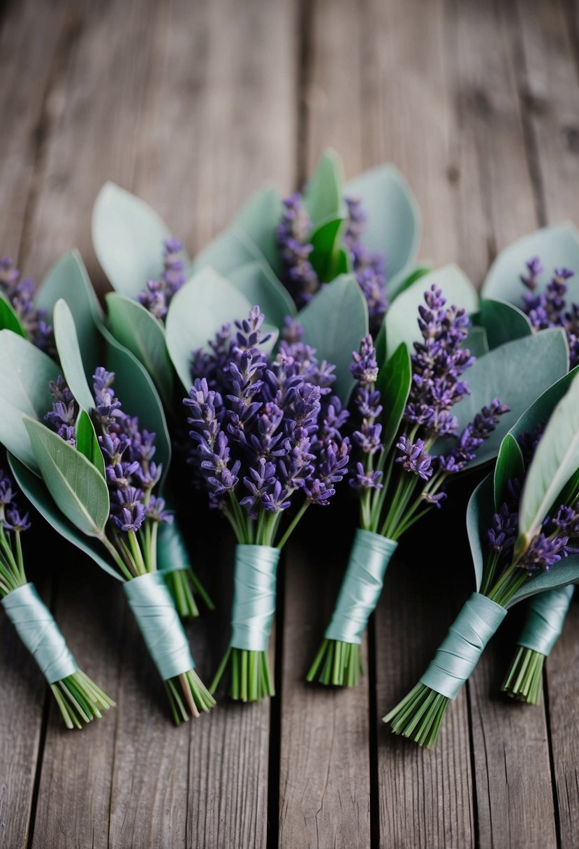 A group of lavender boutonnières arranged with sage green accents