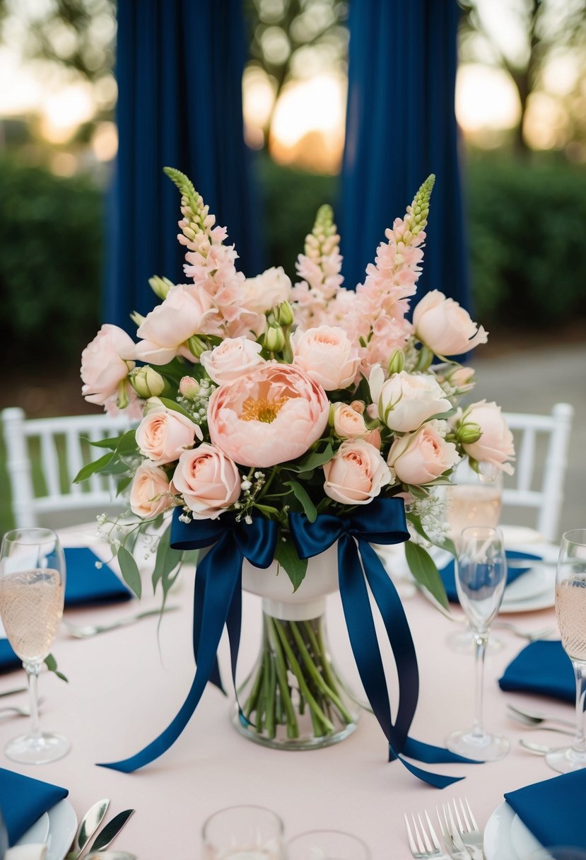 Blush flowers with navy ribbons arranged in a wedding centerpiece