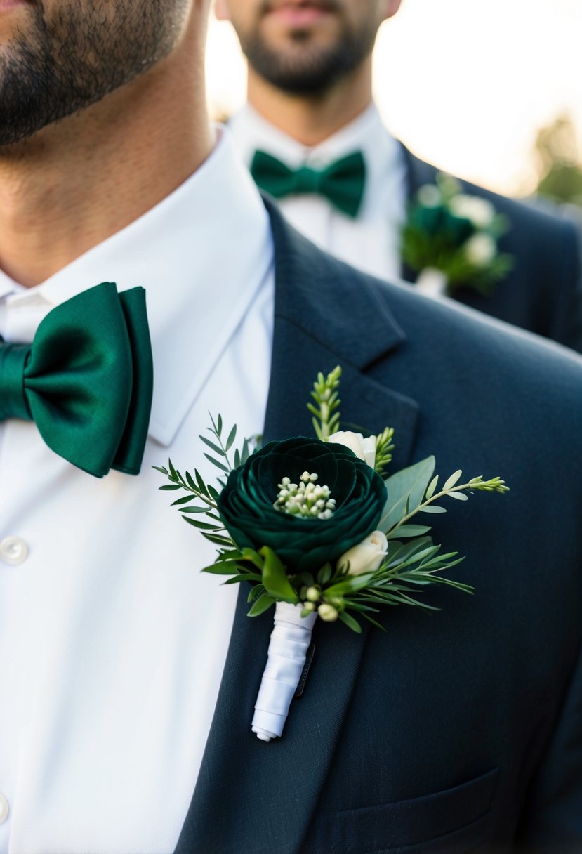 Dark green boutonnieres pinned to crisp white lapels, paired with matching bow ties