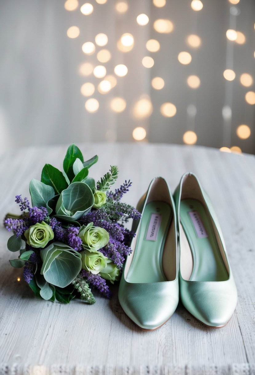 Sage green bridal shoes placed beside a bouquet of lavender and sage green flowers