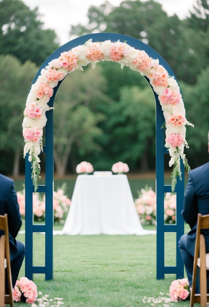 A navy blue ceremony arch adorned with pink flowers