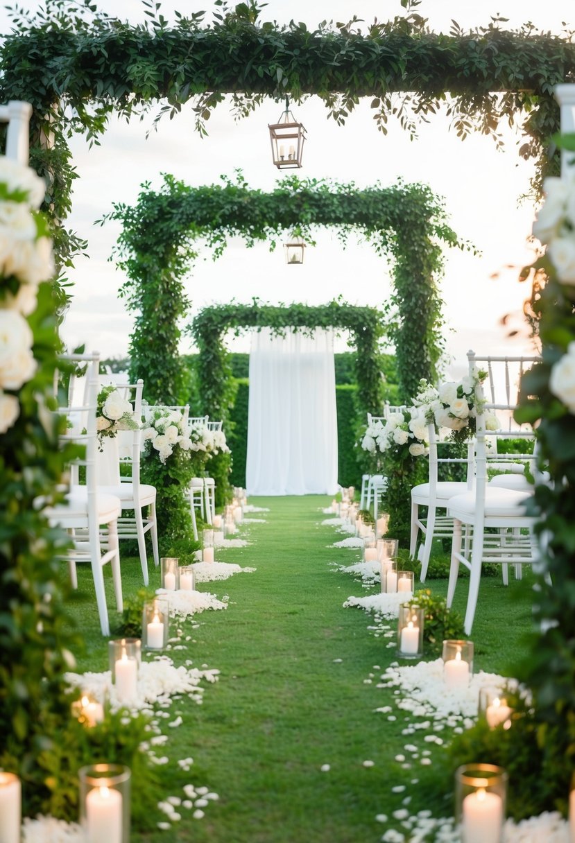 A lush greenery aisle with white accents, creating a serene and elegant atmosphere for a wedding