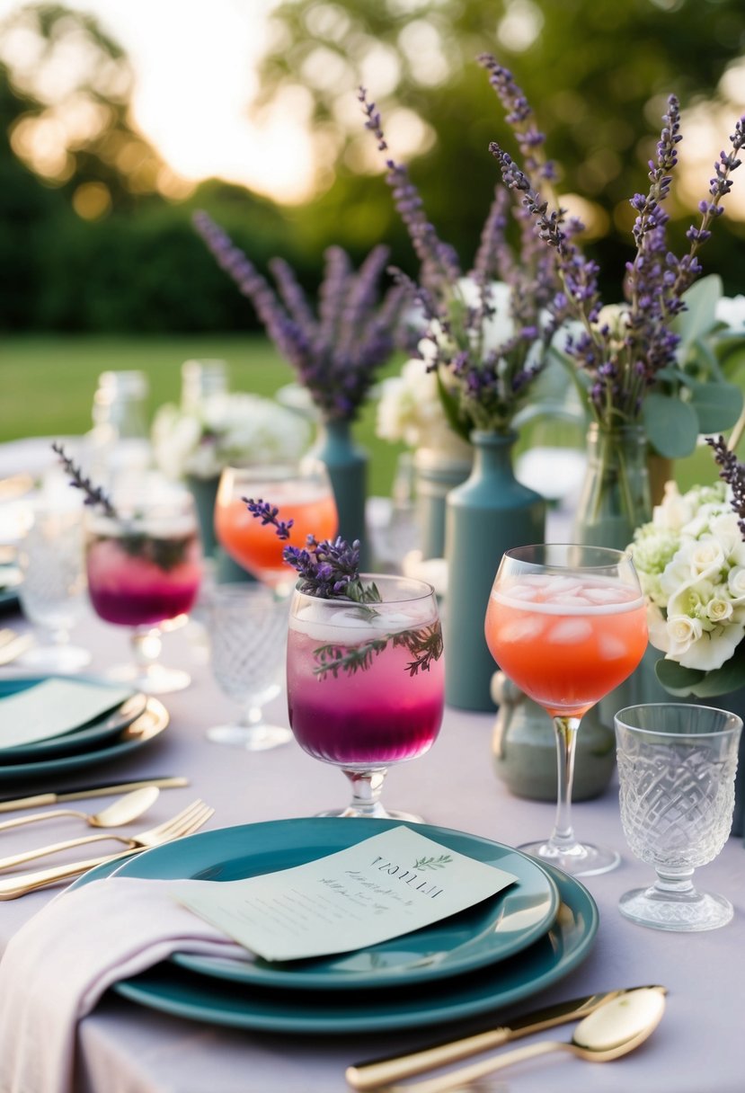 A table set with lavender-infused cocktails and sage green wedding decor