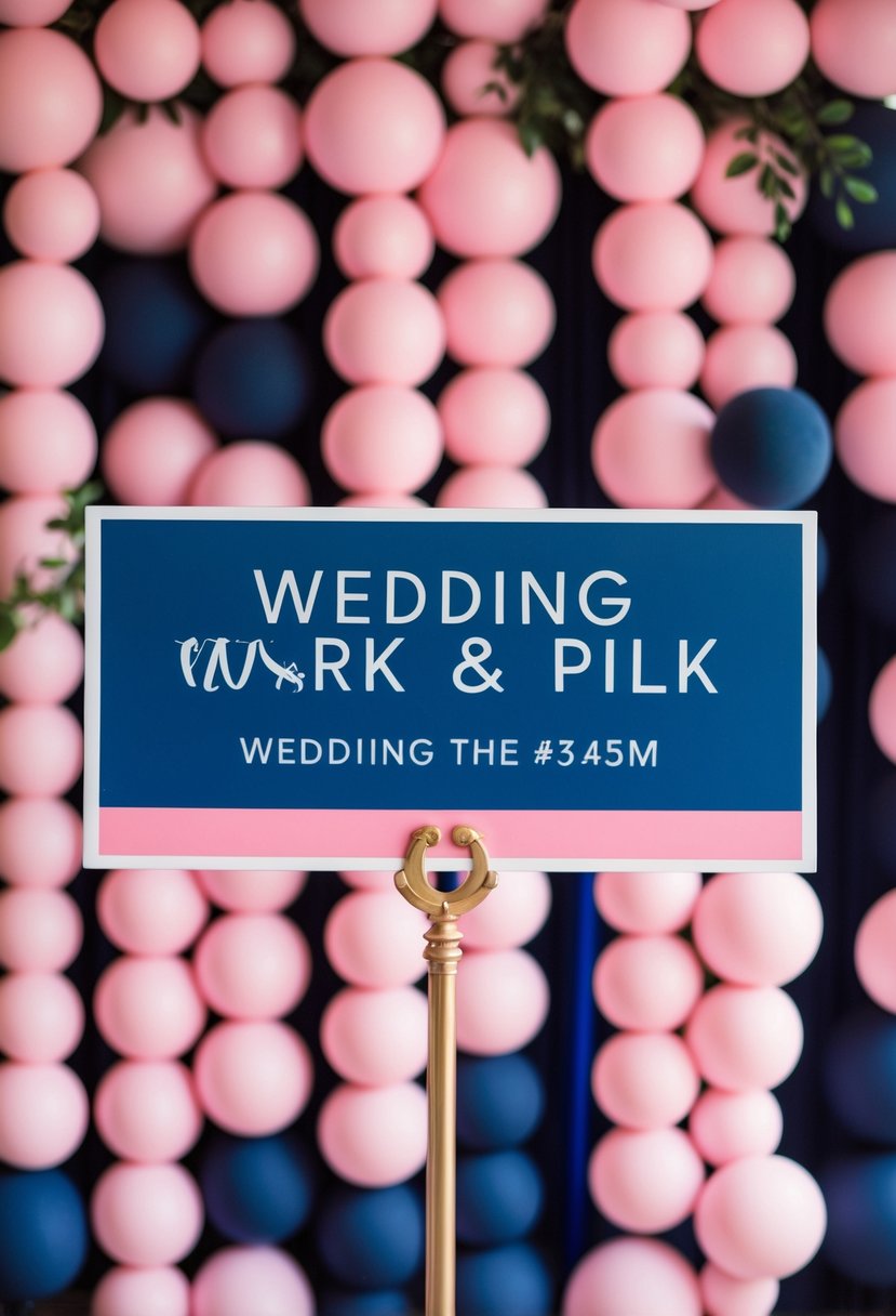 A navy blue and pink wedding sign stands against a backdrop of pink and navy decorations