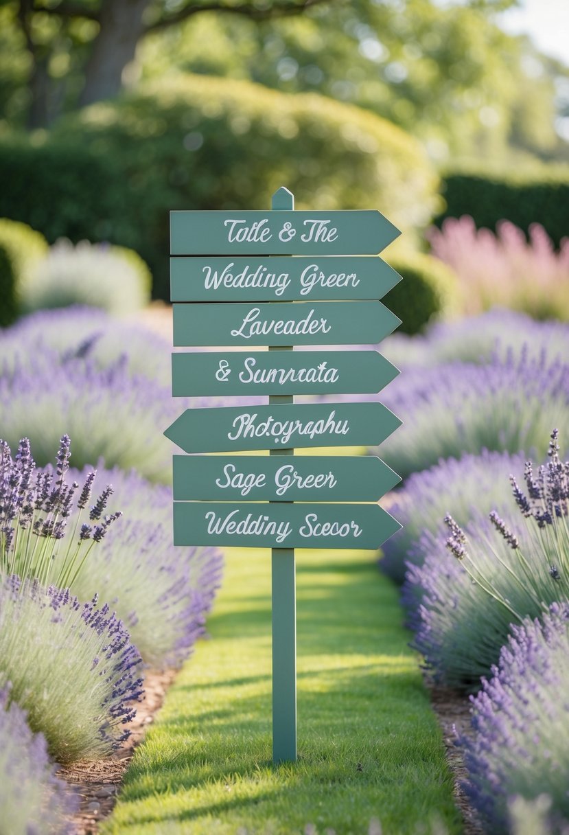 A serene garden setting with sage green wedding signage surrounded by lavender and sage green decor