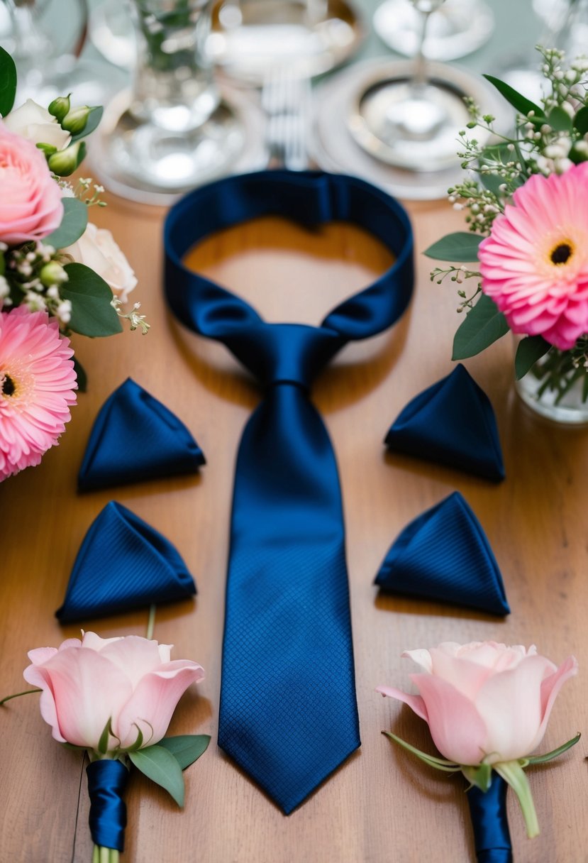 Navy blue ties, pocket squares, and boutonnieres paired with pink flowers and decor at a wedding