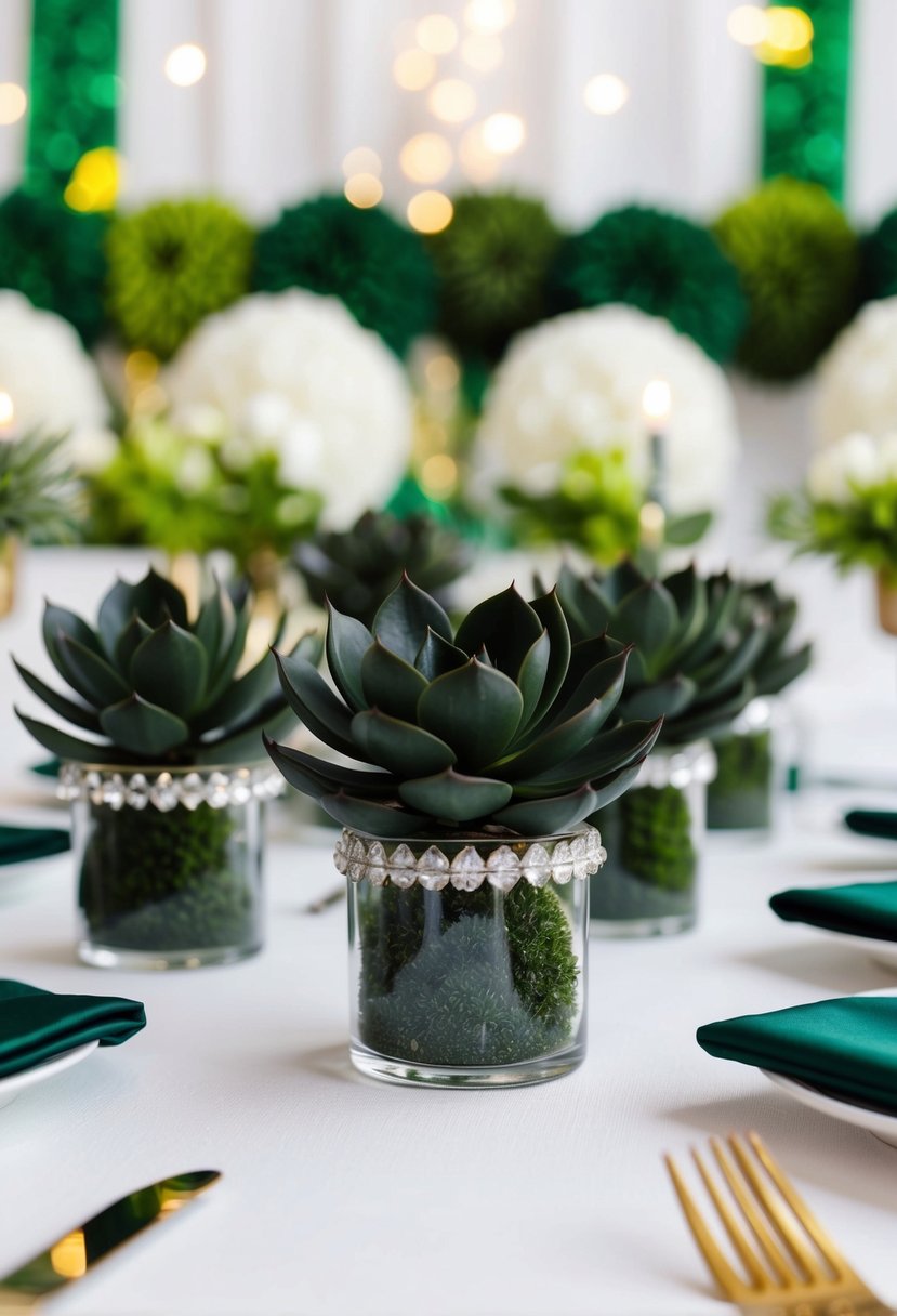 A table adorned with dark green succulent wedding favors, set against a backdrop of white and green decor