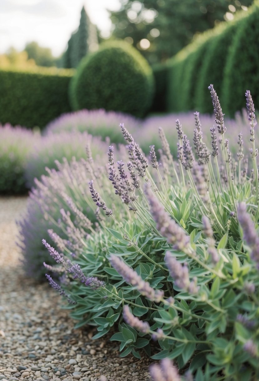 A serene garden with lavender bushes and sage green accents