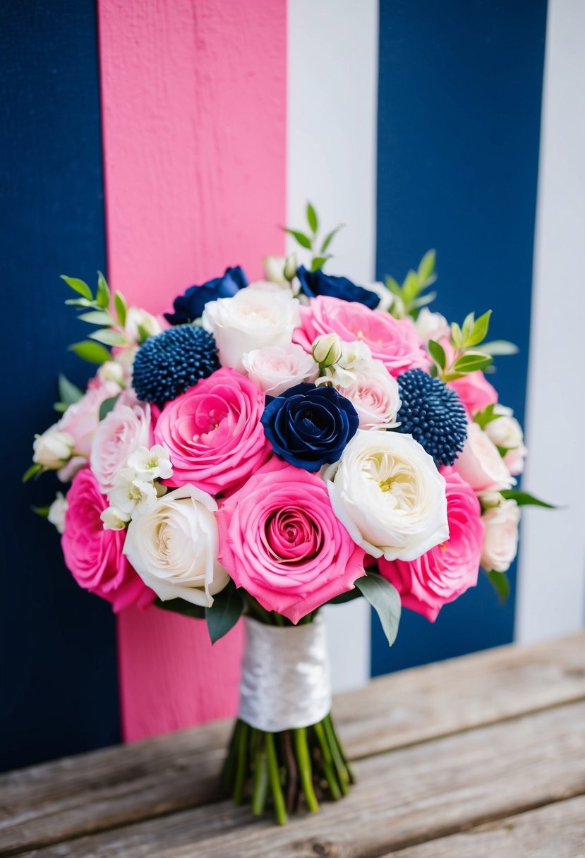 A pink bridal bouquet accented with navy details, set against a navy blue and pink color scheme for a wedding