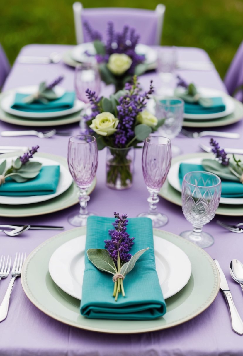 A table set with lavender and sage green decor, featuring a mix of flowers, linens, and tableware in the two colors